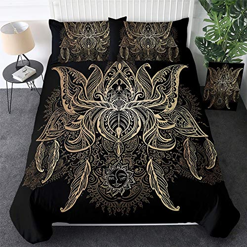 Parure de lit housse de couette mandala doré fleurs lune étoiles drap noir de chambre