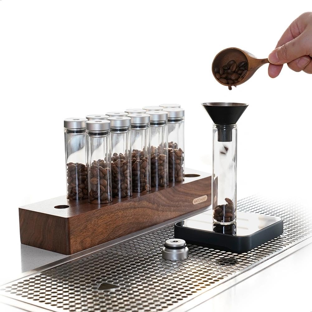 watchget 12 tubos de almacenamiento de granos de café de una sola dosis, recipiente de almacenamiento de café con válvula de escape unidireccional, viales de vidrio con base de madera de nogal y