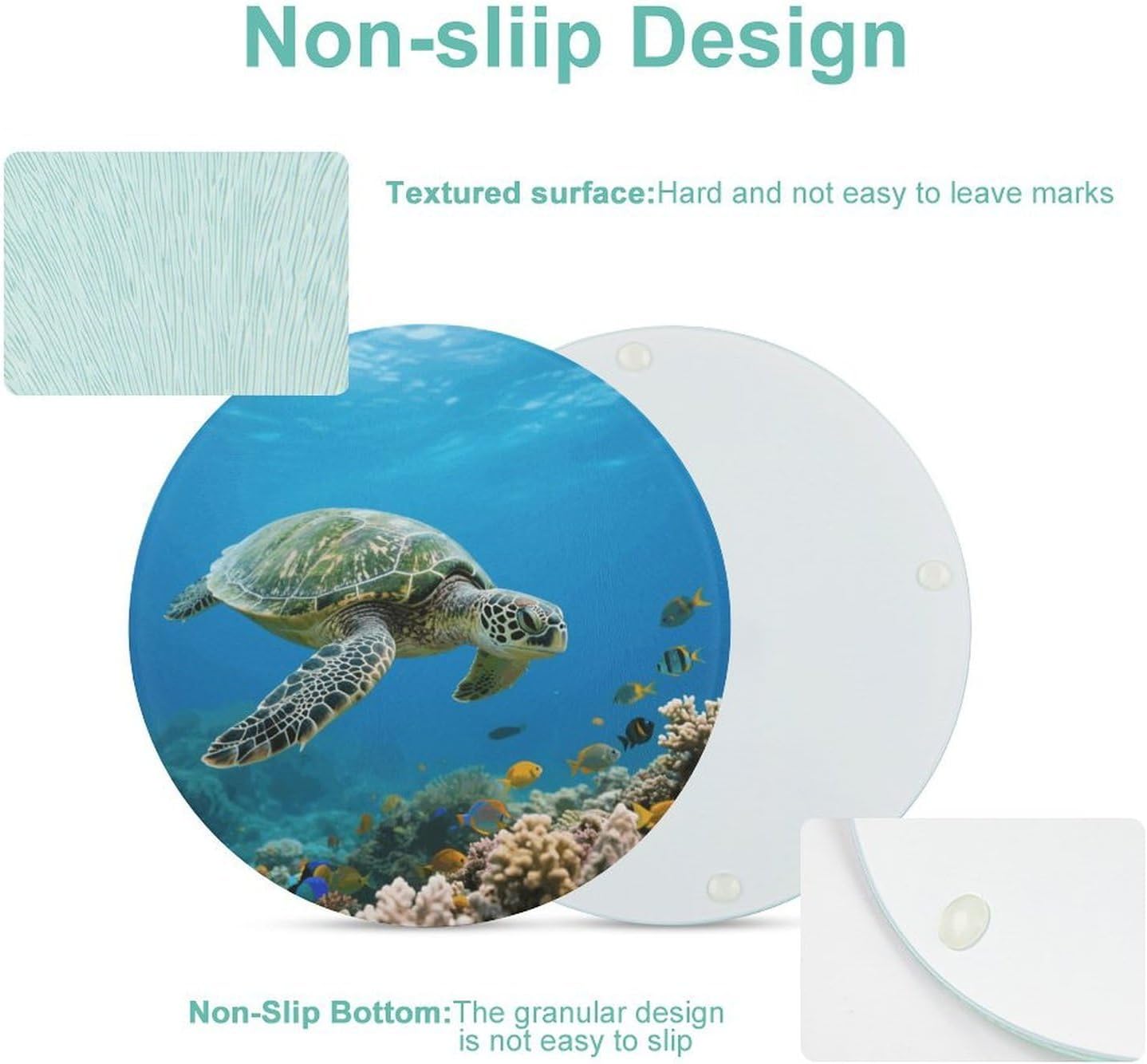Green Sea Turtle Cutting Board Portable Small Chopping Boards Tempered Glass Kitchen Counter Protector Non-Slip Round Charcuterie Boards Mat for Bar Cheese Board
