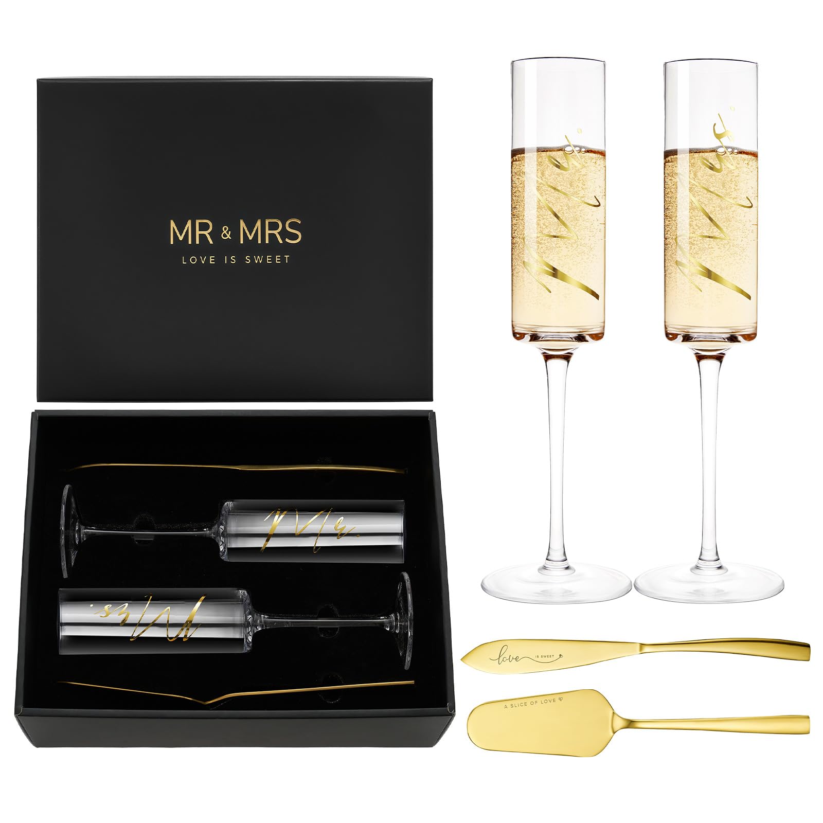 AW BRIDAL 4Pcs Mr and Mrs Champagne Flutes with Gold Wedding Cake Knife