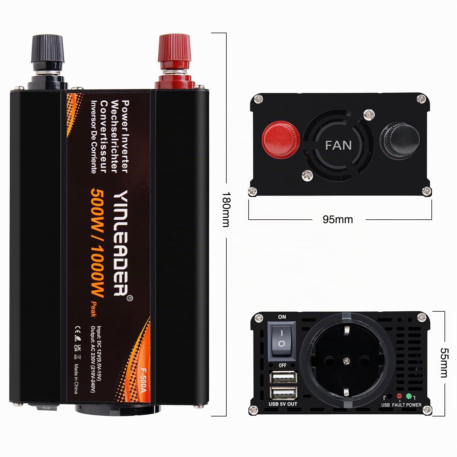 Yinleader inverter 500W DC 12V a 230V AC e 1 presa EU 2 convertitori di tensione per auto USB