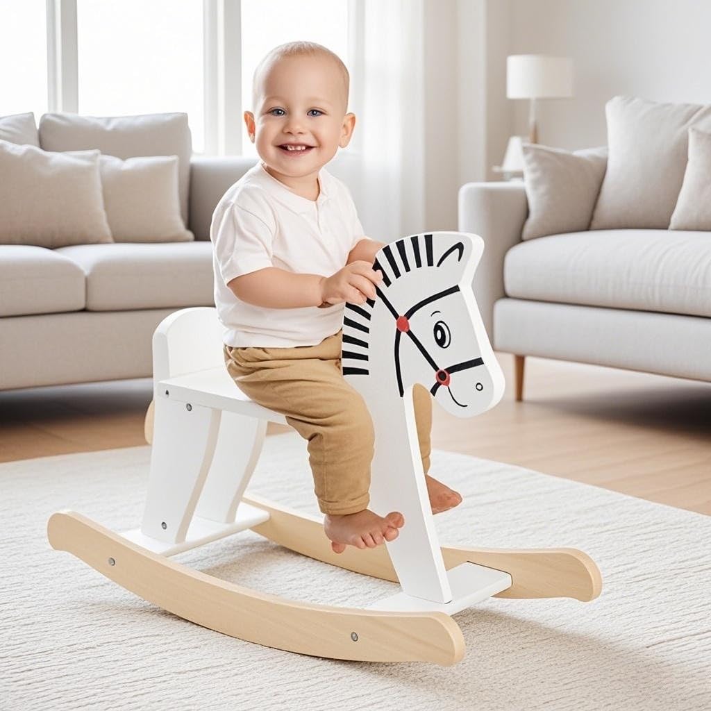 HOMASIS 2 in 1 Schaukelpferd Zebra, Baby Schaukelstuhl aus Holz, Weiß Schaukeltier mit Abnehmbarem Zaun & Griffe & Fußstütze, Schaukelwippe Tragkraft 40 kg, Schaukelspielzeug für Kinder ab 3 Jahren