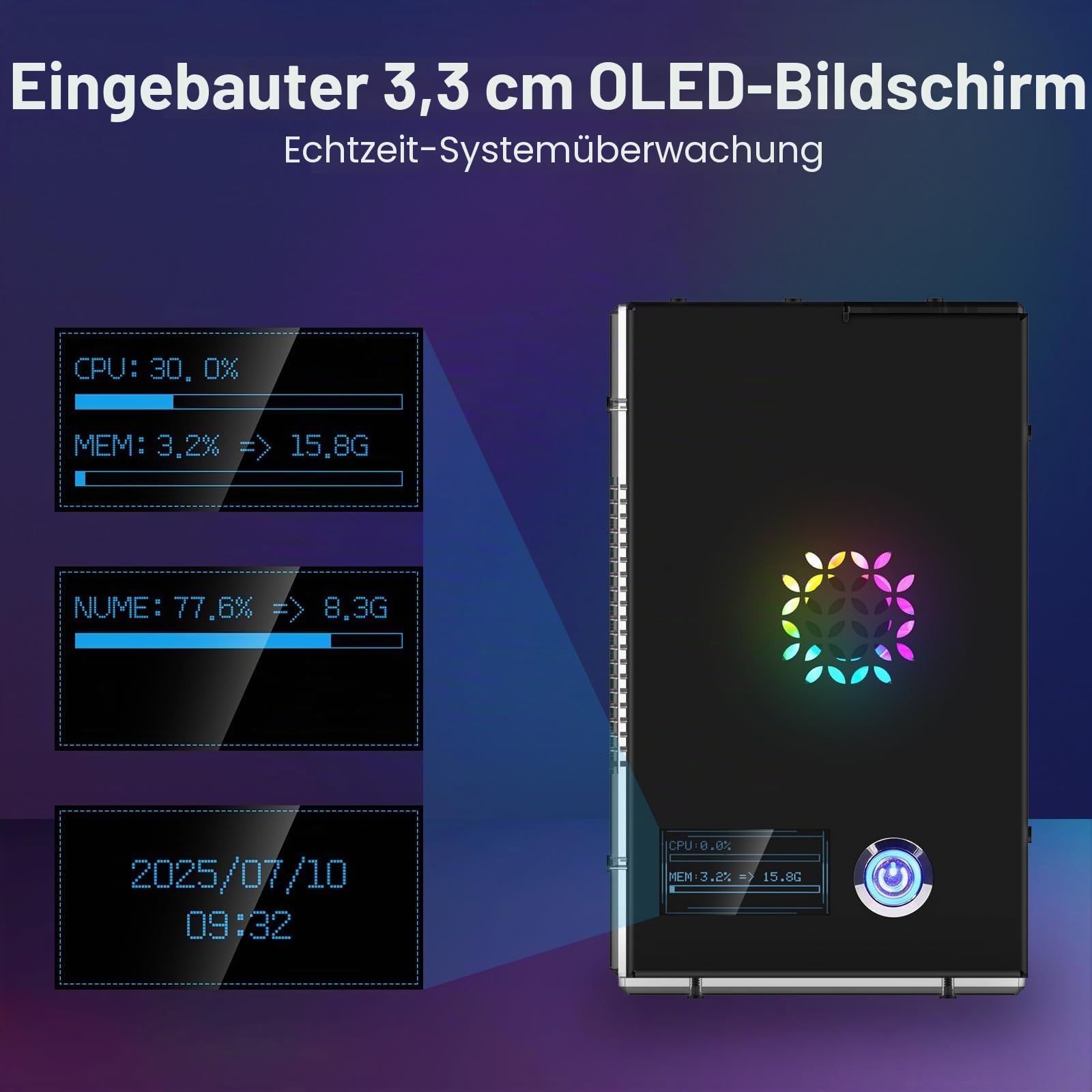 Elecrow Mini-PC-Gehäuse für Raspberry Pi 5: Aluminiumgehäuse mit 3 Kühlventilatoren, 1,3 Zoll OLED-Display, PCIe M.2 NVMe SSD 2230/2242/2260/2280 Unterstützung, RTC, Vollständiger Anschlusszugang