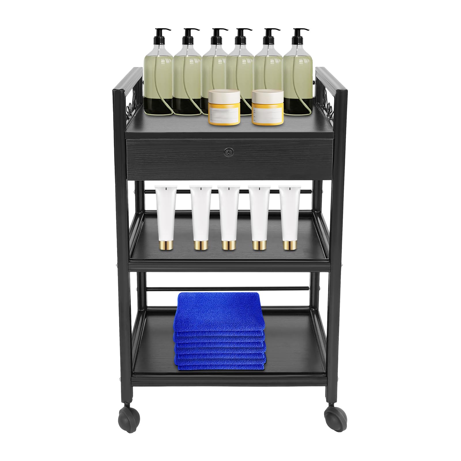 3-Tier Salon Trolley Cart, Wooden Mobile Utility Cabinet Lab Carts with Drawer and Tray, for Beauty Spa, Barber Shops, Nail Salons, Offices, Kitchens, Spas