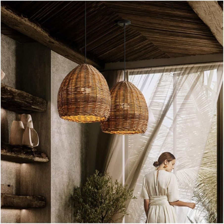 Luminaire suspendu rotin tissé main pour salle à manger