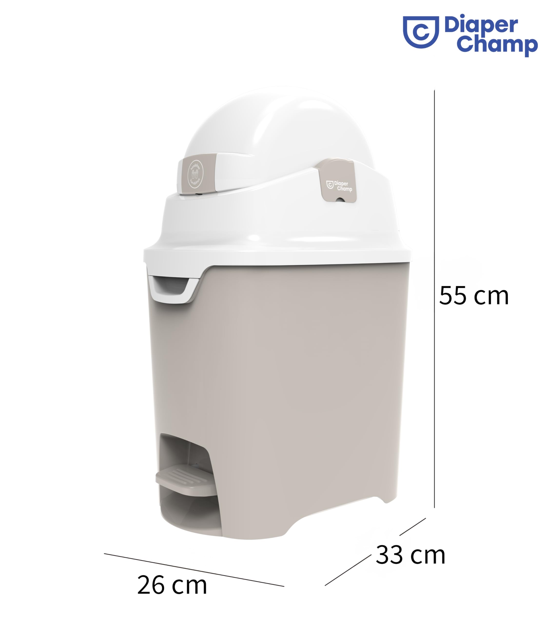 DIAPER CHAMP ONE Standard Handsfree mit Pedal - Windeleimer - geruchsdicht - berührungslose Bedienung - OHNE Nachfüllkassetten - für normale Müllbeutel - für ca. 30 Windeln - silber, weiß