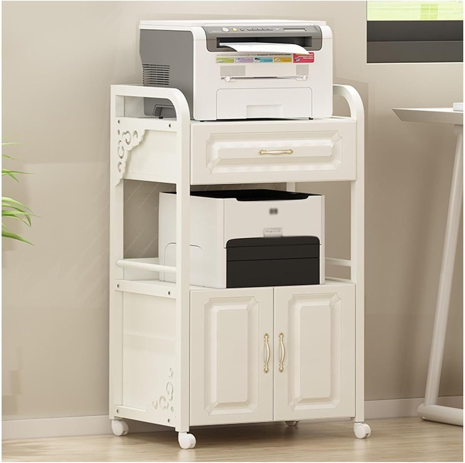 VUIKLCty Salon Trolley 3 Tier Storage Salon Cart Steel Salon Rolling Cart Raised Guardrail Trolley Cart With Wheel Salon Trolley Cart(White)