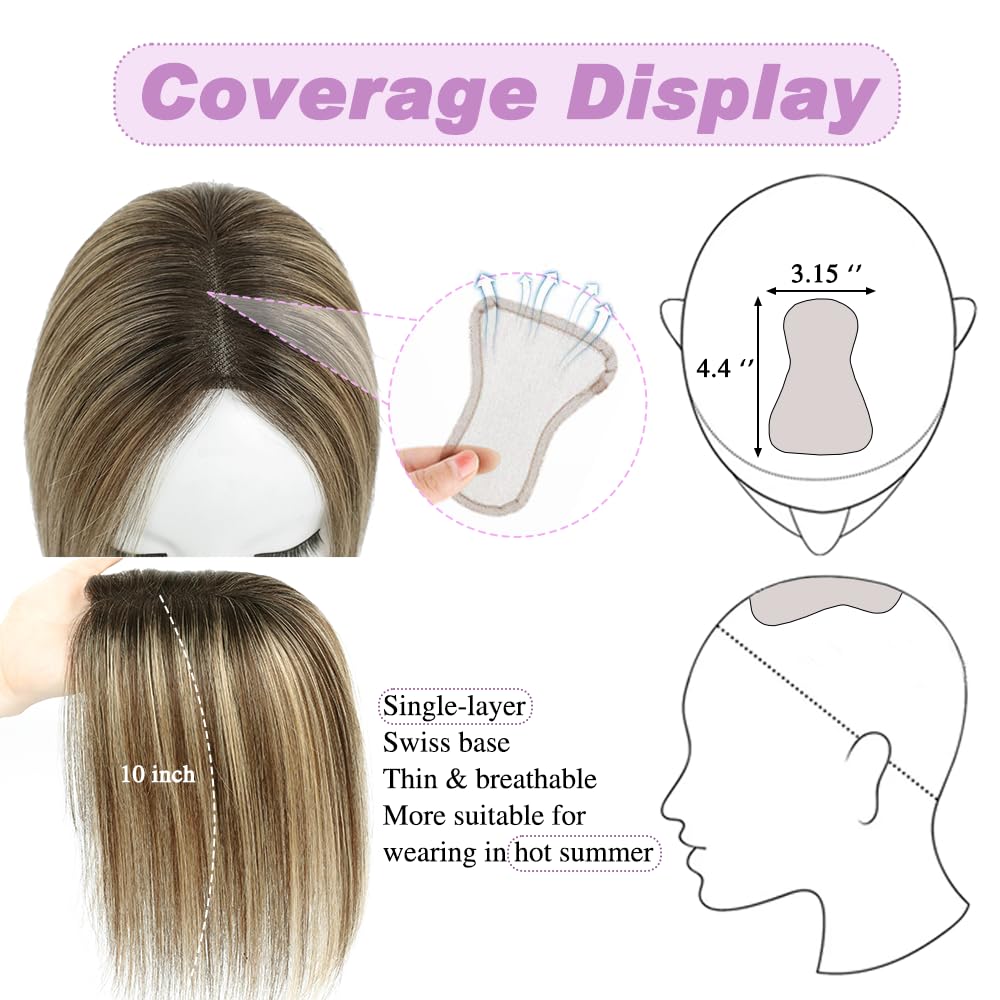 Lagomance Hair Toppers with Thinninghair 100% Real Human Hair Topper for Women 10inch Medium Brown Mix Blonde with Dark Brown Root Toppers 120% Density top toppee for ThinningHair4T427 - Image 2