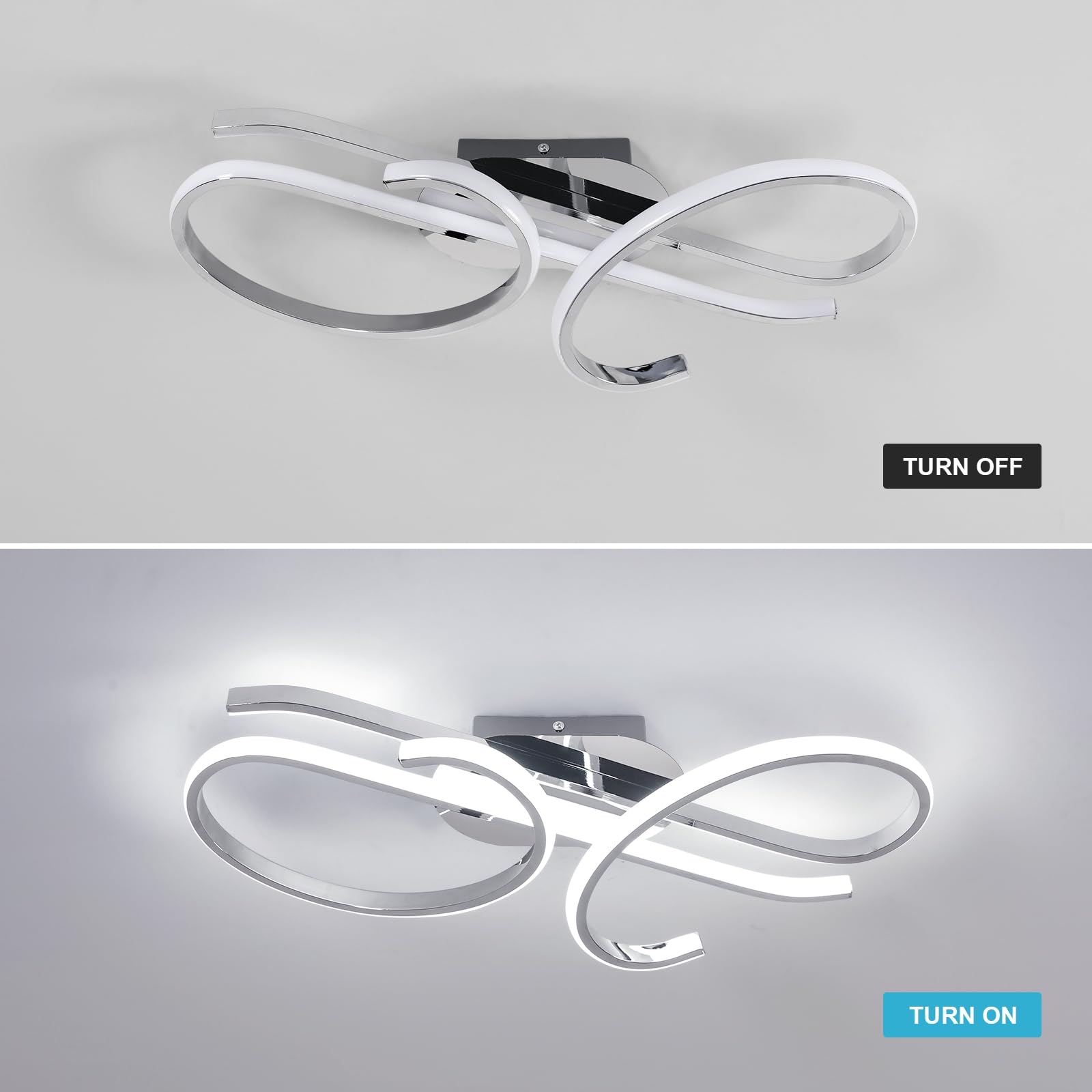 DELIPOP Plafoniera LED Soffitto Dimmerabile, 30W Lampadario Soffitto Moderno con Telecomando 3000K-6500K, Cromato Plafoniera Design Curvo Musicale per Camera da Letto, Soggiorno, Ingresso & Hotel