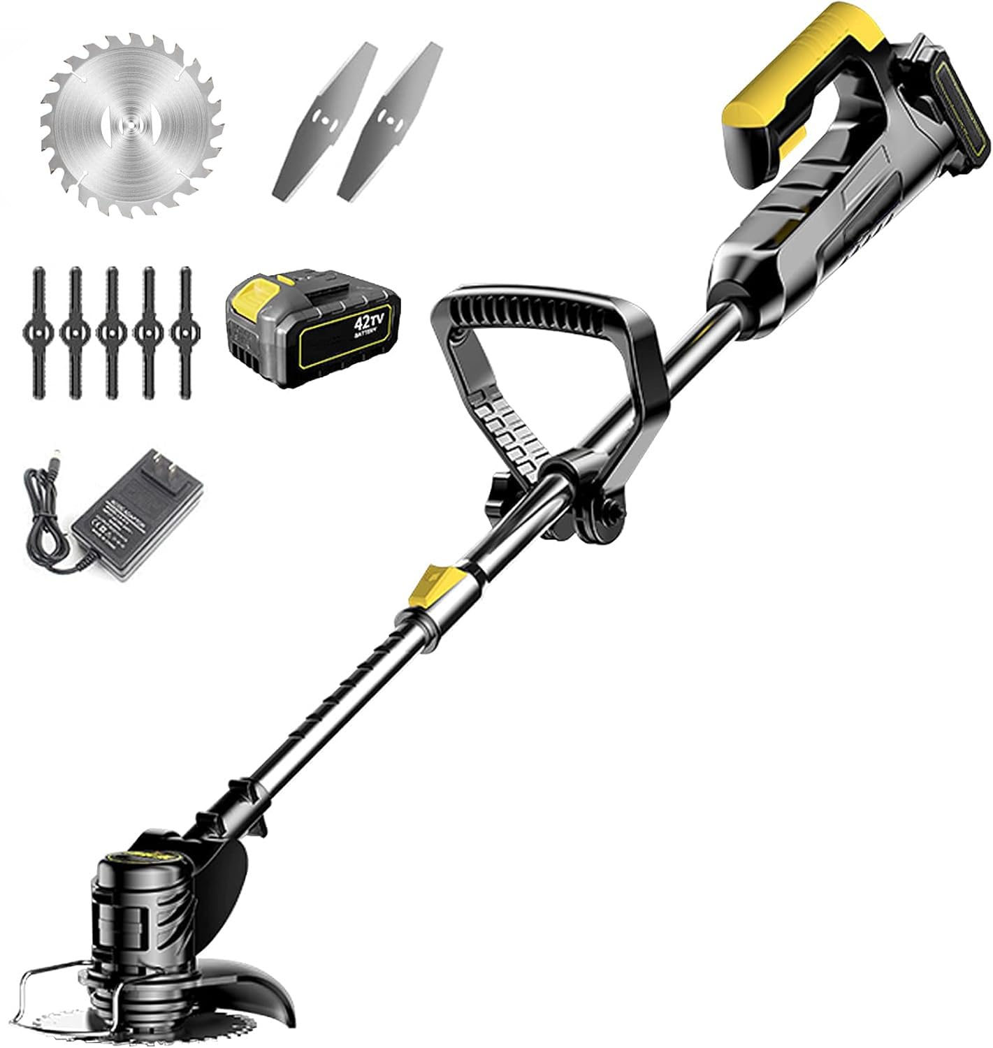 Decespugliatore elettrico da giardino senza fili, con batteria agli ioni di litio da 42 V, testa regolabile e manico telescopico