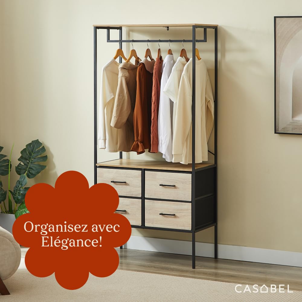 CASABEL Penderie Vêtements 4 Tiroirs en Tissu, Plateaux Bois et Métal Noir | Dressing ouvert, 4 tiroirs, Tringle à vêtements, Étagère supérieure, Gain de place, Structure robuste, Montage rapide