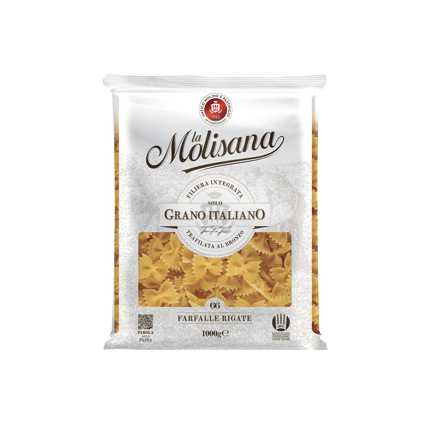 La Molisana – Farfalle Rigate n. 66, Confezione da 1 kg di Pasta di Semola di Grano Duro, Trafilata al Bronzo, da Solo Grano Italiano