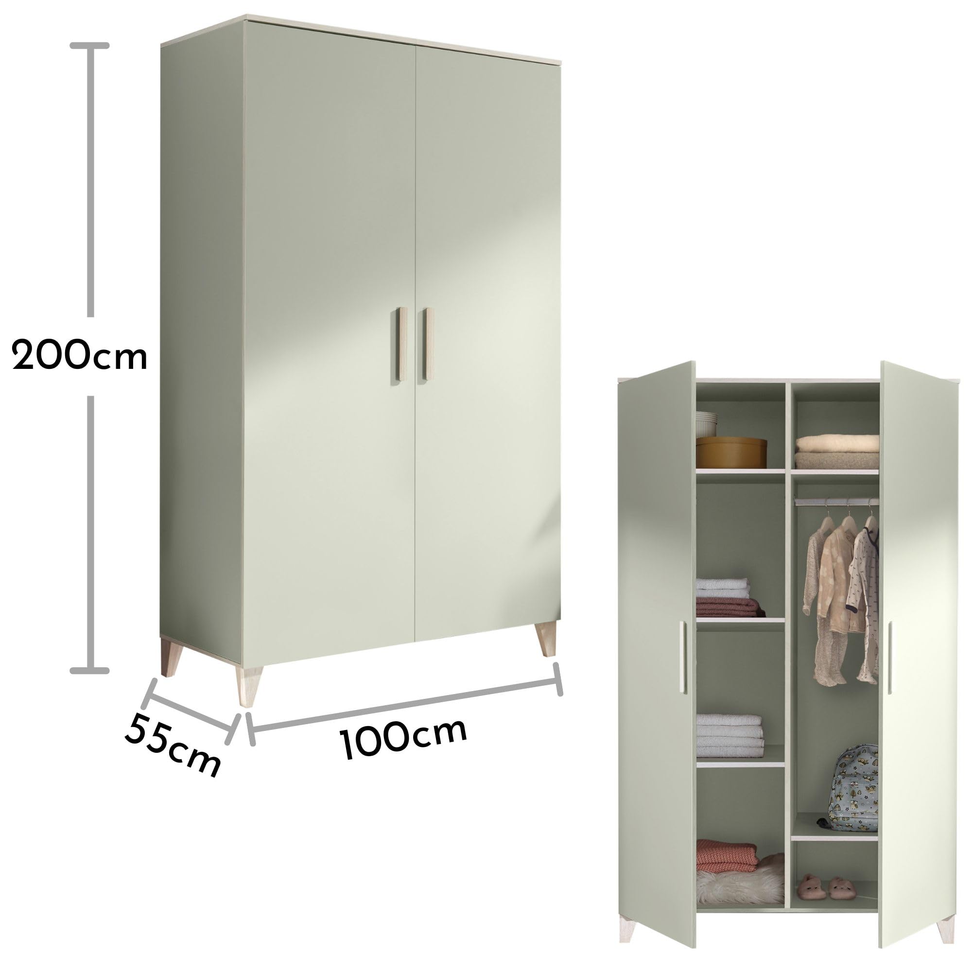 PRIZZI Babyzimmer Kleiderschrank Pastellgrün Aurum Optik 2-türig 100 x 200 x 55 cm