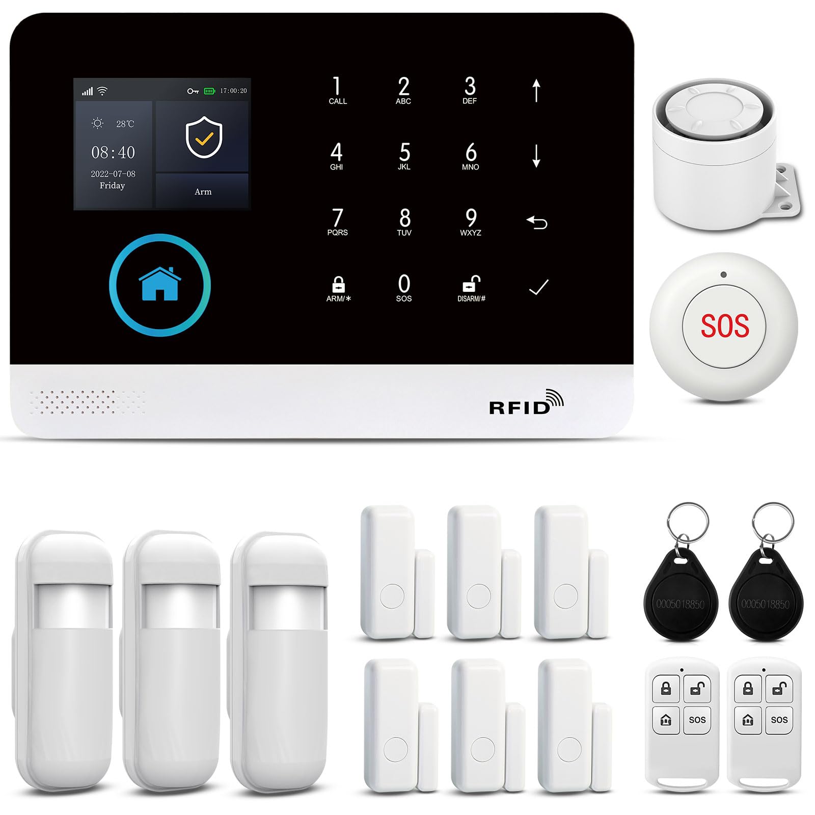 Wireless Home Security Alarm System with Motion Sensor, App Notifications, Door/Window Sensor, Siren, Alexa Compatible, No Monthly Fee