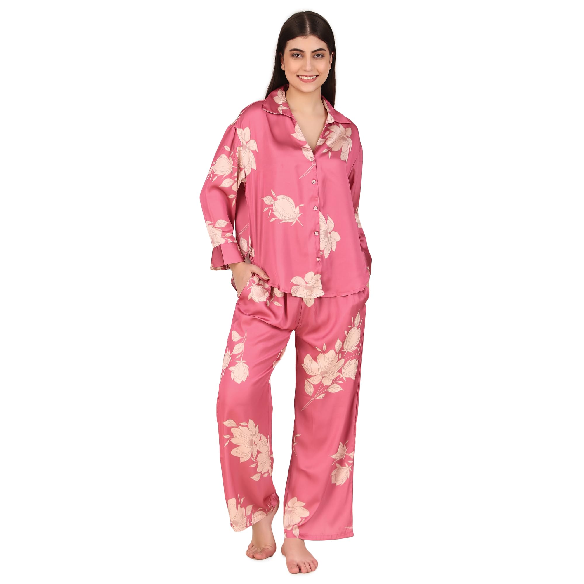 masha Women Over-Size-Pink-Leaves Night Suit Top & Pyjama Set…-picture-24