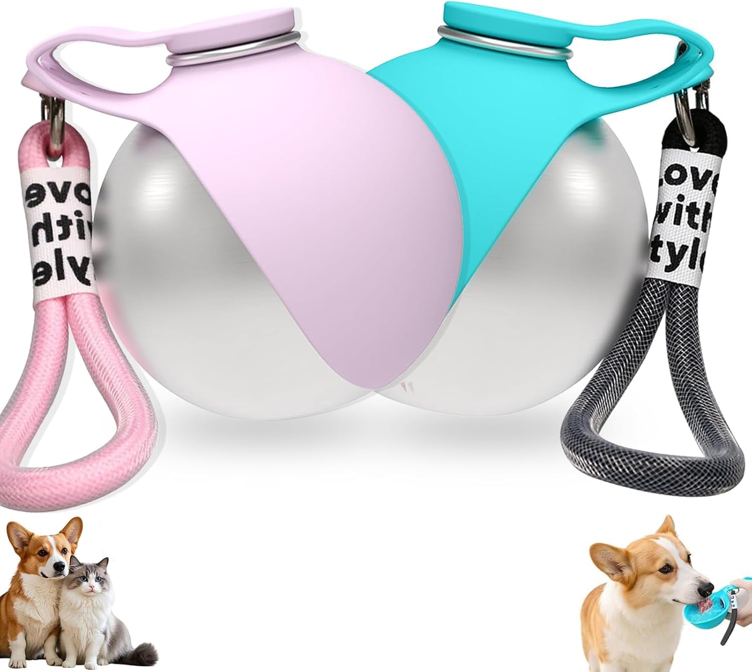 SANJSJHXJ Dog Drinking Bottle Portable - Water Bottle for Dogs on Walks, Stainless Steel Pet Dispenser with Foldable Silicone Bowl, pink + blue