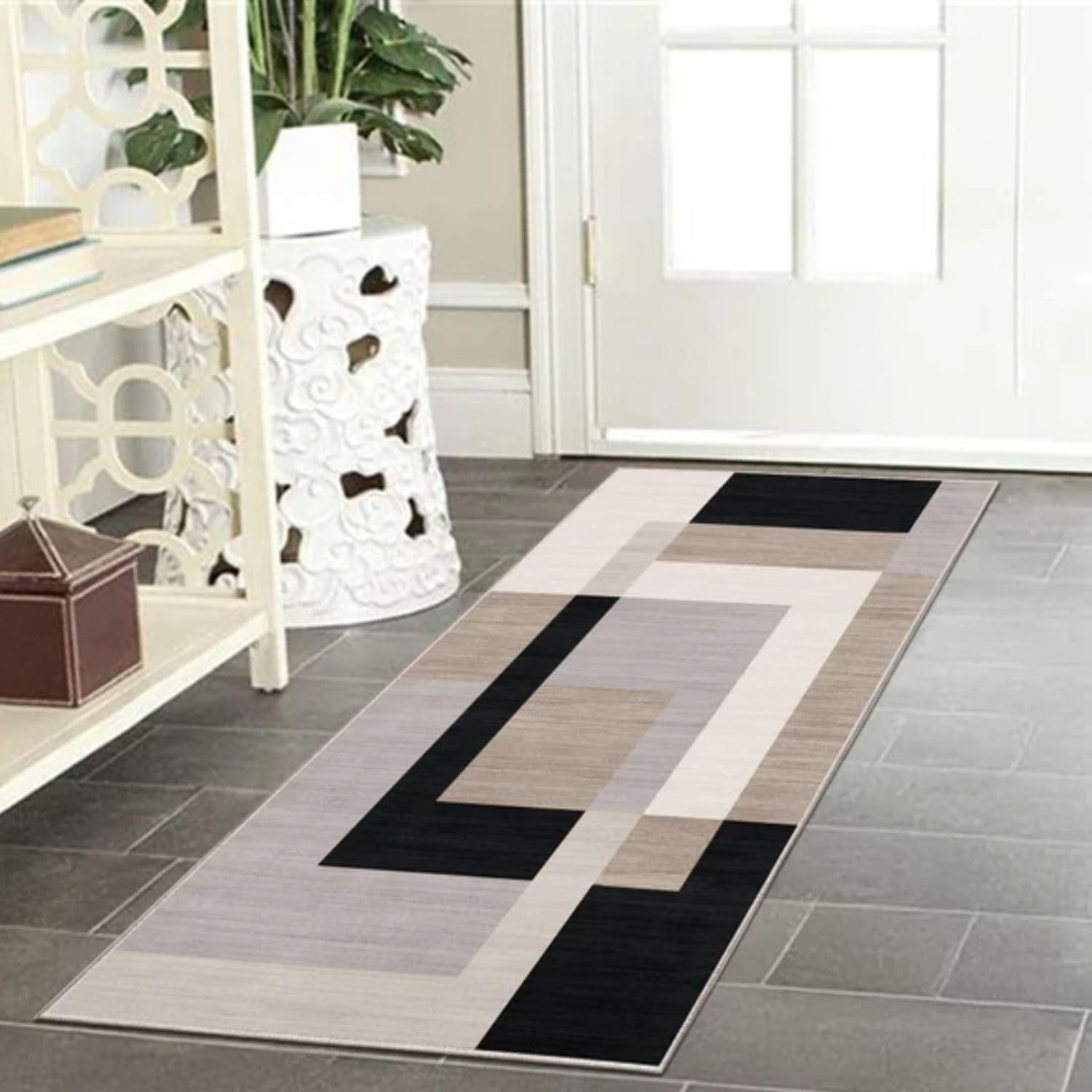 BedLooms Runner Rugs for Hallway Non-Slip Entryway Bedside Rugs 60x110 cm Geometric Pattern Printed Design Black Cream bedroom Living Room Rug (Milo Neutral)
