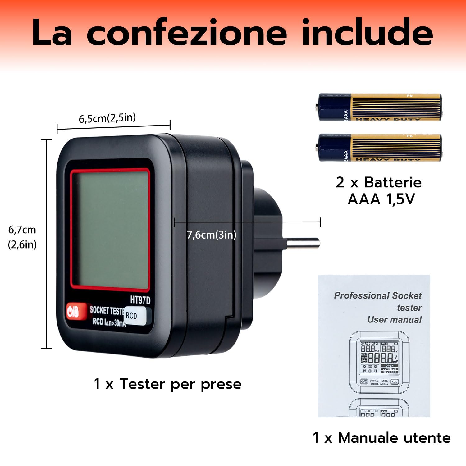 Wigearss Tester de Prese, Tester per Circuiti Elettrici con Test RCD e Display LCD, 6 Tipi di Diagnosi di Errore, Indicatore di Tensione di Dispersione e Corrente, Test FI, 30-260V/45-65Hz