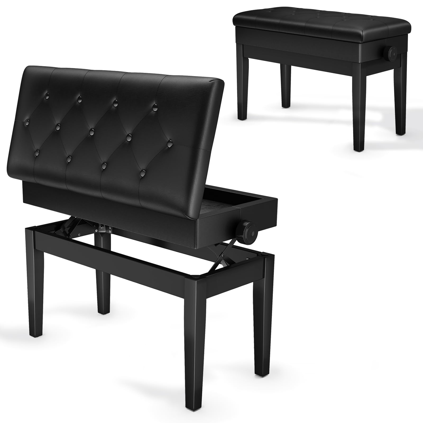 Clevich Taburete de Piano Ajustable en Altura 48–58 cm, Banco de Piano con Espacio de Almacenamiento, Banco de Teclado soporta con Patas de Madera y Acolchado, Carga Máxima 200 KG, Negro