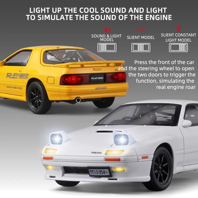 Image of 1:24 Initial D Mazda RX7 Toy Car Diecast Metal Pull Back Car - 4 Openable Doors with Sound & Light | Luxury Toy Car & Gift for Kids 【Colors as Per Stock】