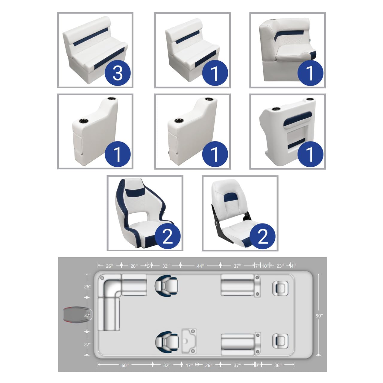 Wise DLX 18'-22' Rear L Fishing Pontoon Furniture Set – Marine-Grade Vinyl Boat Seating Kit – Built-In Storage (Brite White/Mariner Blue)