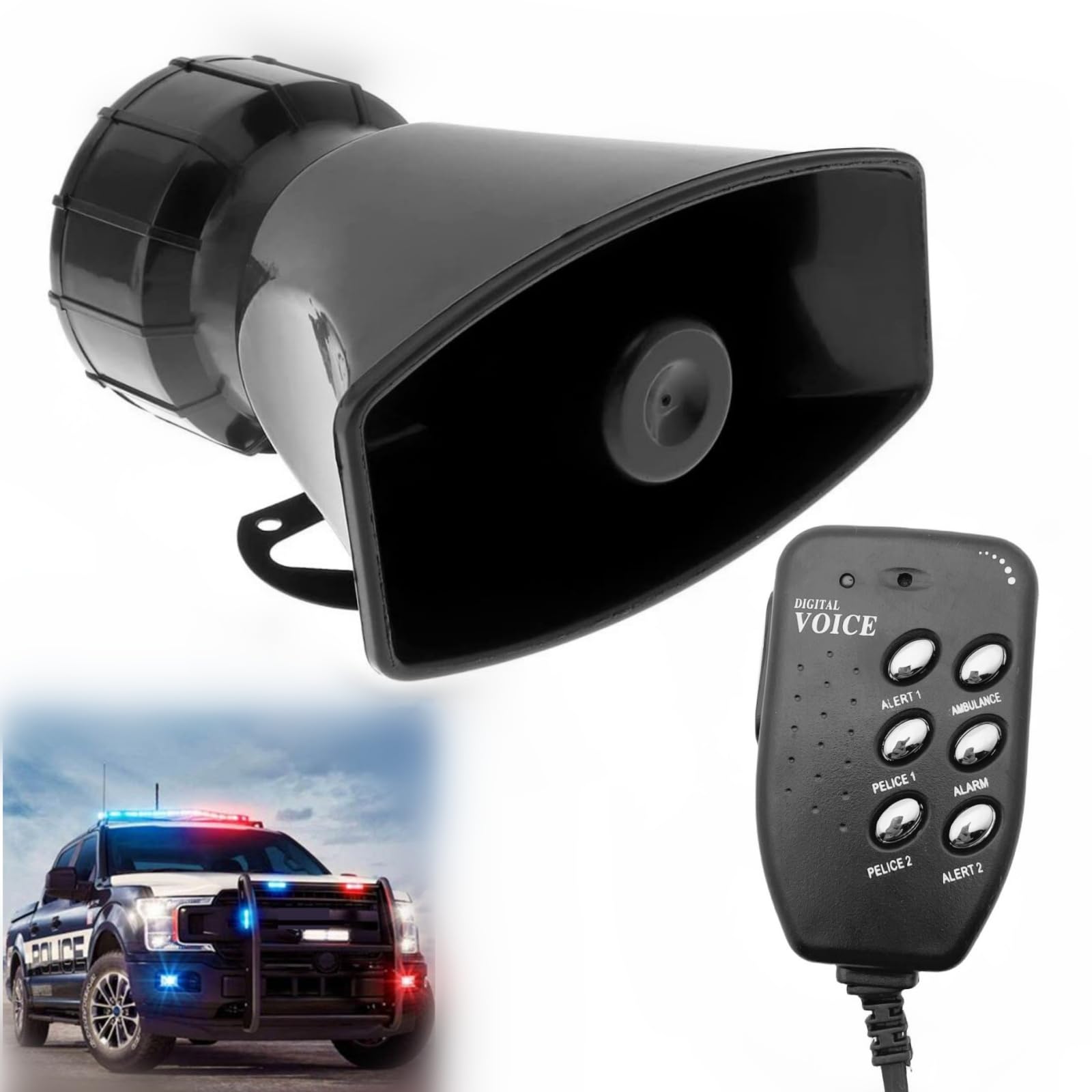 Avertisseur sonore de police 6 tons 12 V - Klaxon électrique - Installation facile - 135 dB - Volume réglable - Noir - Pour voiture, bateau, bateau, etc