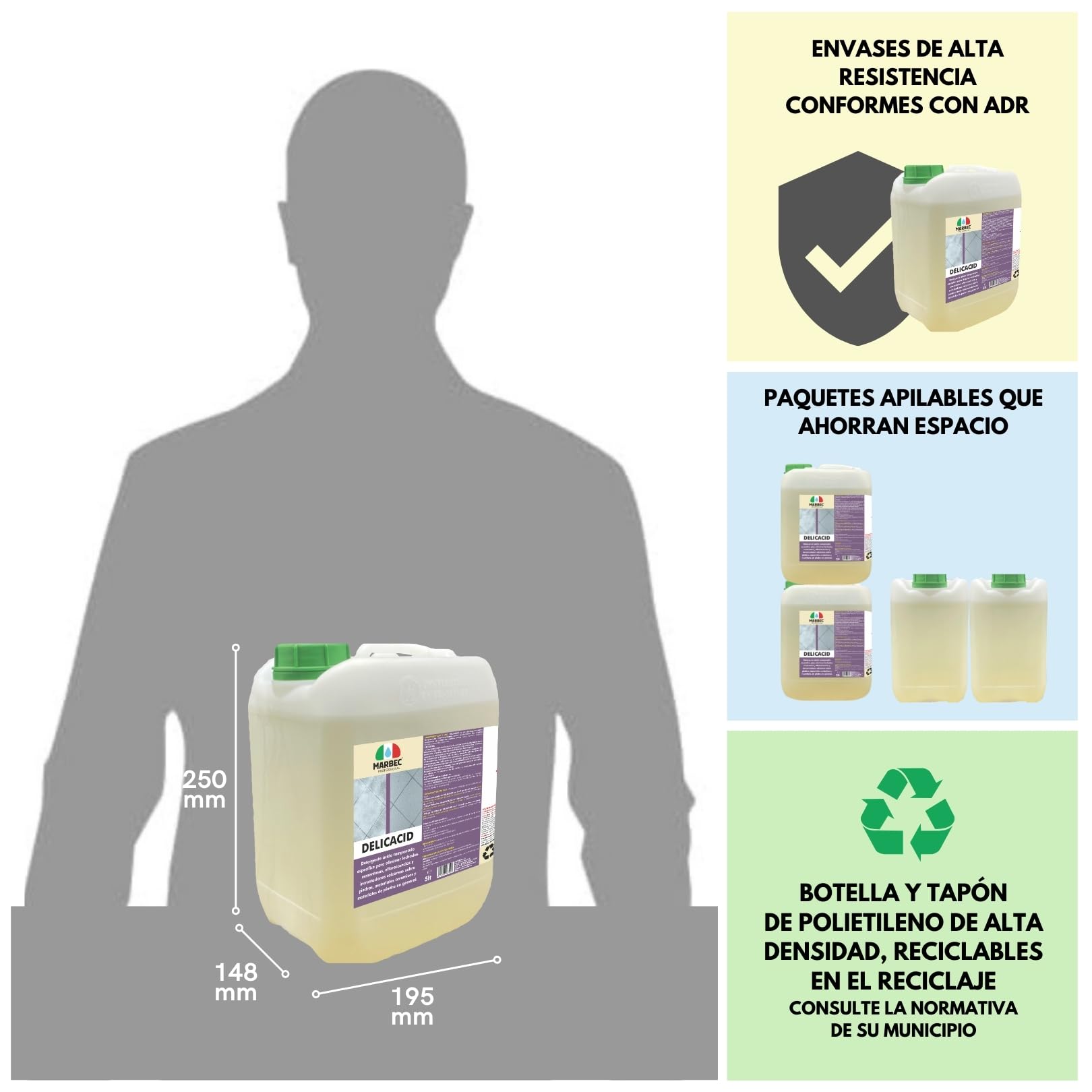 MARBEC DELICACID 5LTx4Uds Ácido tamponado delicado específico para piedras, cerámica y materiales lapídeos incluso delicados