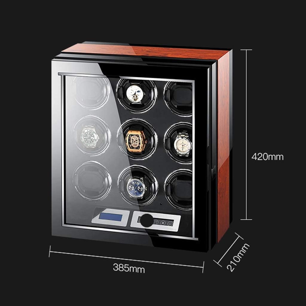 Luxury Automatic Watch Winder LCD Display Touch Screen Display Super Quiet Motor Wooden Piano Finish with Remote Control & Led Elegant Showcase, 9+0