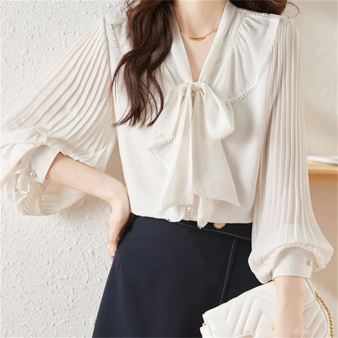 Camisa de oficina de manga larga para mujer, para primavera y otoño, con lazo, color liso