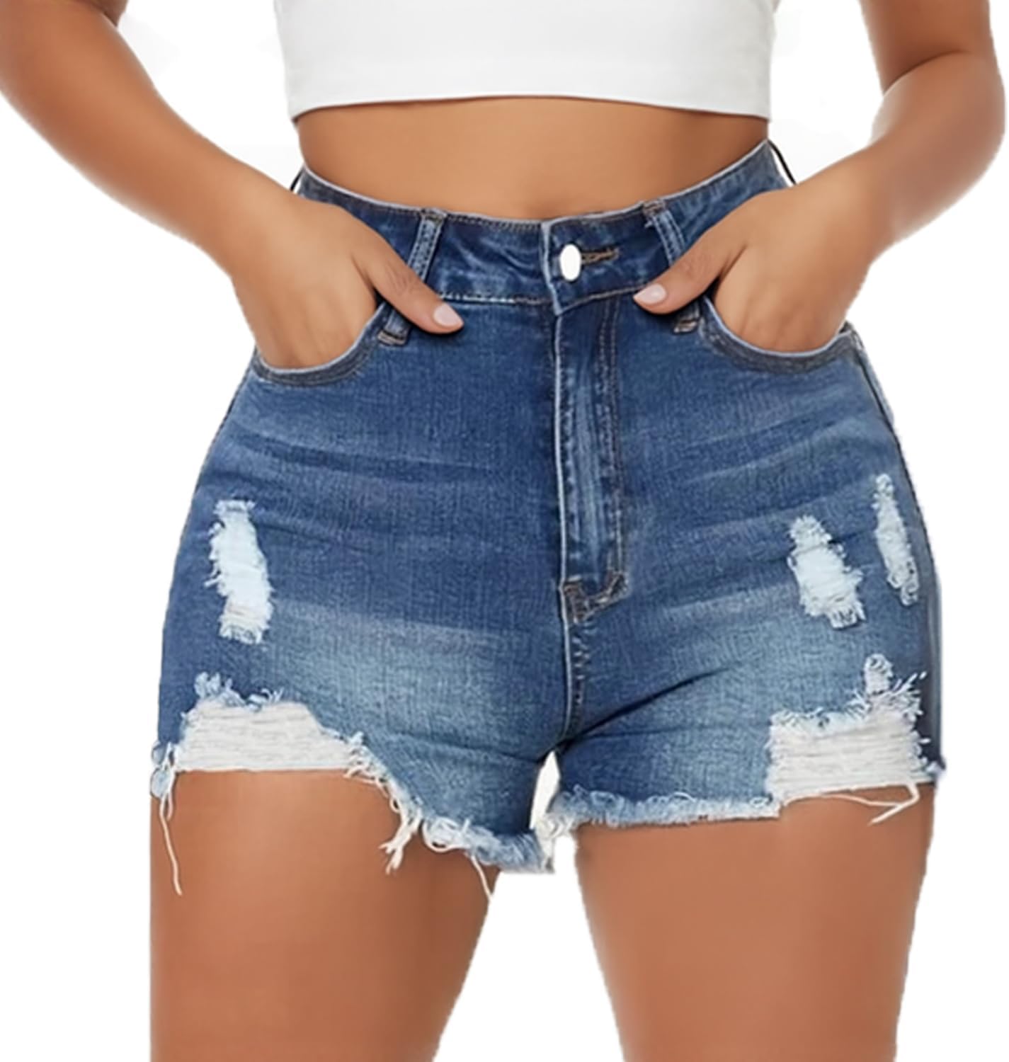 Syydn Women High Waisted Casual Stretch Ripped Denim Short Frayed Raw Hem Summer Jean Shorts