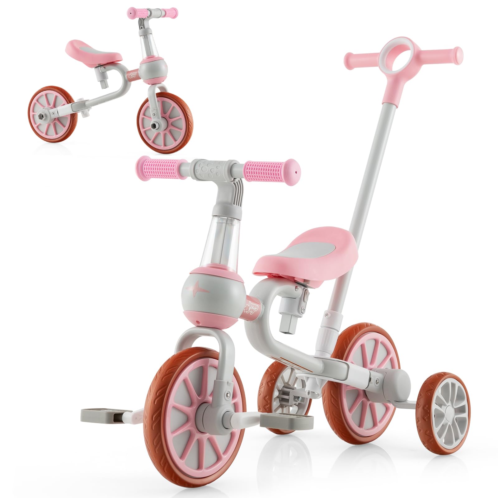 GYMAX 4 in 1 Kids Trike, Toddler Bike with Adjustable Push Handle, 2-Level Seat Height, Removable Pedals and Training Wheels, Baby Balance Bike Birthday Toys for Boys & Girls (Pink)