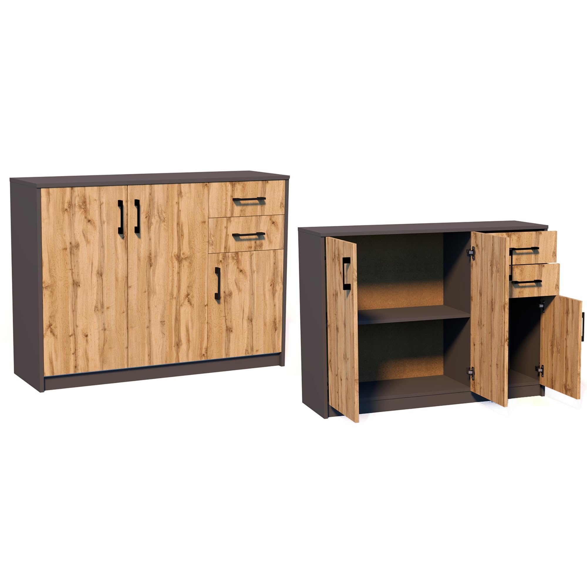 Home Collective Kommode mit 2 Schubladen und 3 Türen in matter Ausführung Kommode 110cm breit mit hochwertigen Polymergriffen Holz Schrank mit Schubladen Aus laminierter Platte gefertigt graphit Eiche