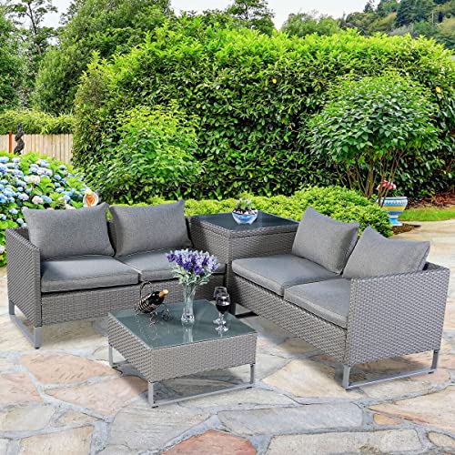Image of DEVOKO Handwoven Wicker 4 Seater Sofa Set with Glass Top Center Table and Side Table for Living Room Conversation Set with Cushion for Home and Outdoor (Grey)