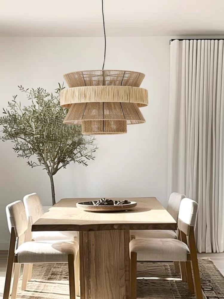 XQIDIANAA Boho Hemp Rope Pendant Light,Natural Handwoven Boho Hanging Lamp, Rustic Farmhouse Rattan Chandelier for Dining Room Kitchen Island Bedroom Hallway Foyer Bathroom