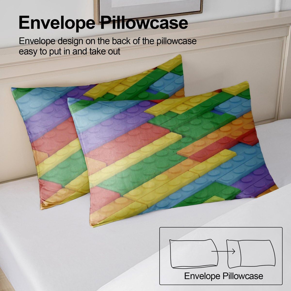 Parure de lit en microfibre douce avec housse de couette et 2 taies d'oreiller Motif briques colorées et géométriques modernes (Style 3, lit simple 135 x 200 cm + 65 x 65 cm x 2)