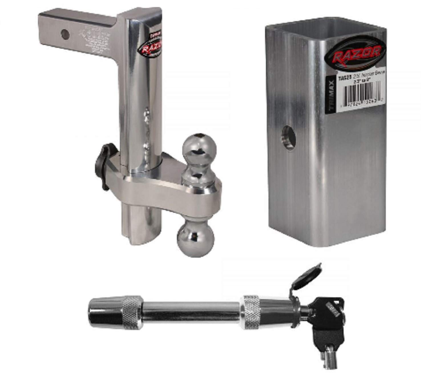 Trimax TRZ12AL SXT5 TAS25 Aluminum 12-Inch Adjustable Drop Hitch with Locking Ball Mount Key Receiver Lock Hitch Adapter Sleeve