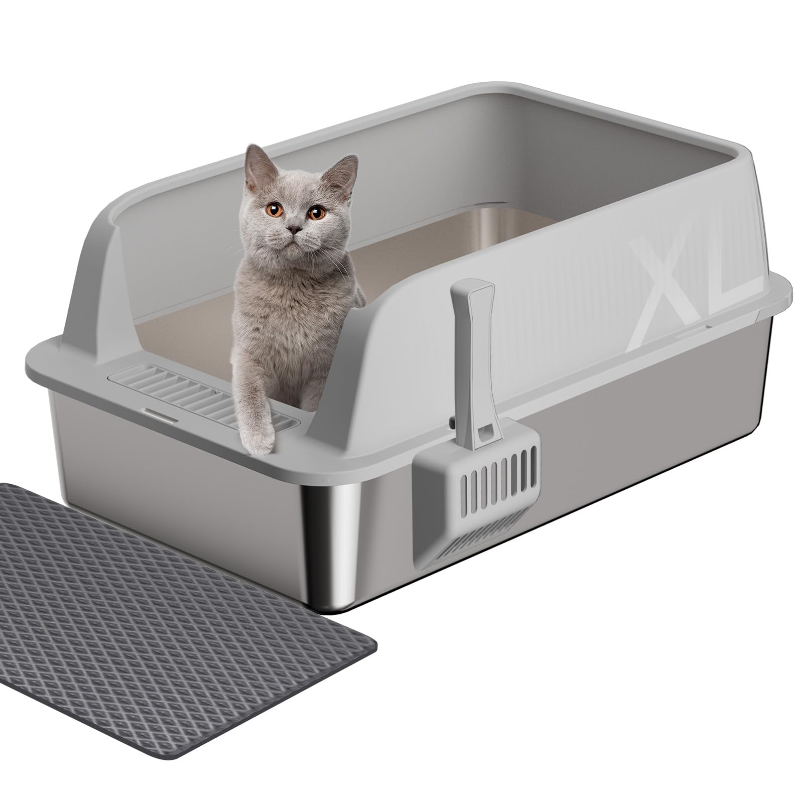 Gimars XL Stainless Steel Cat Litter Box, Large Stainless Steel Cat Litter Tray, 35L Metal Litter Tray with Litter Scoop & Mat, Good for Large Medium Cats
