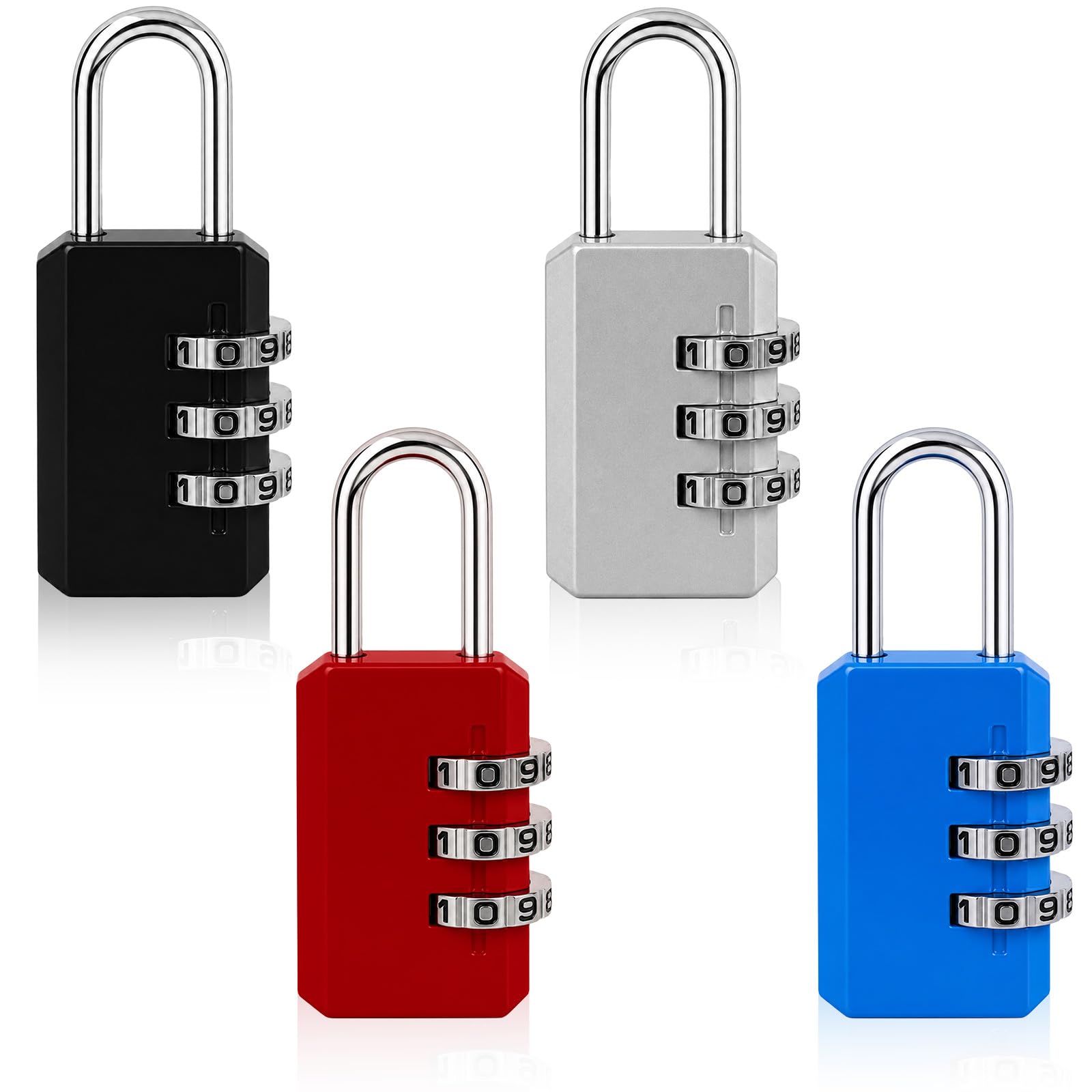 4PCS 3 Digit Combination Padlocks,Combination Locker Padlock,Small Padlocks,Suitcase Lock,School Locker Lock,Waterproof and Rainproof (Silver, Black, Red, Blue)