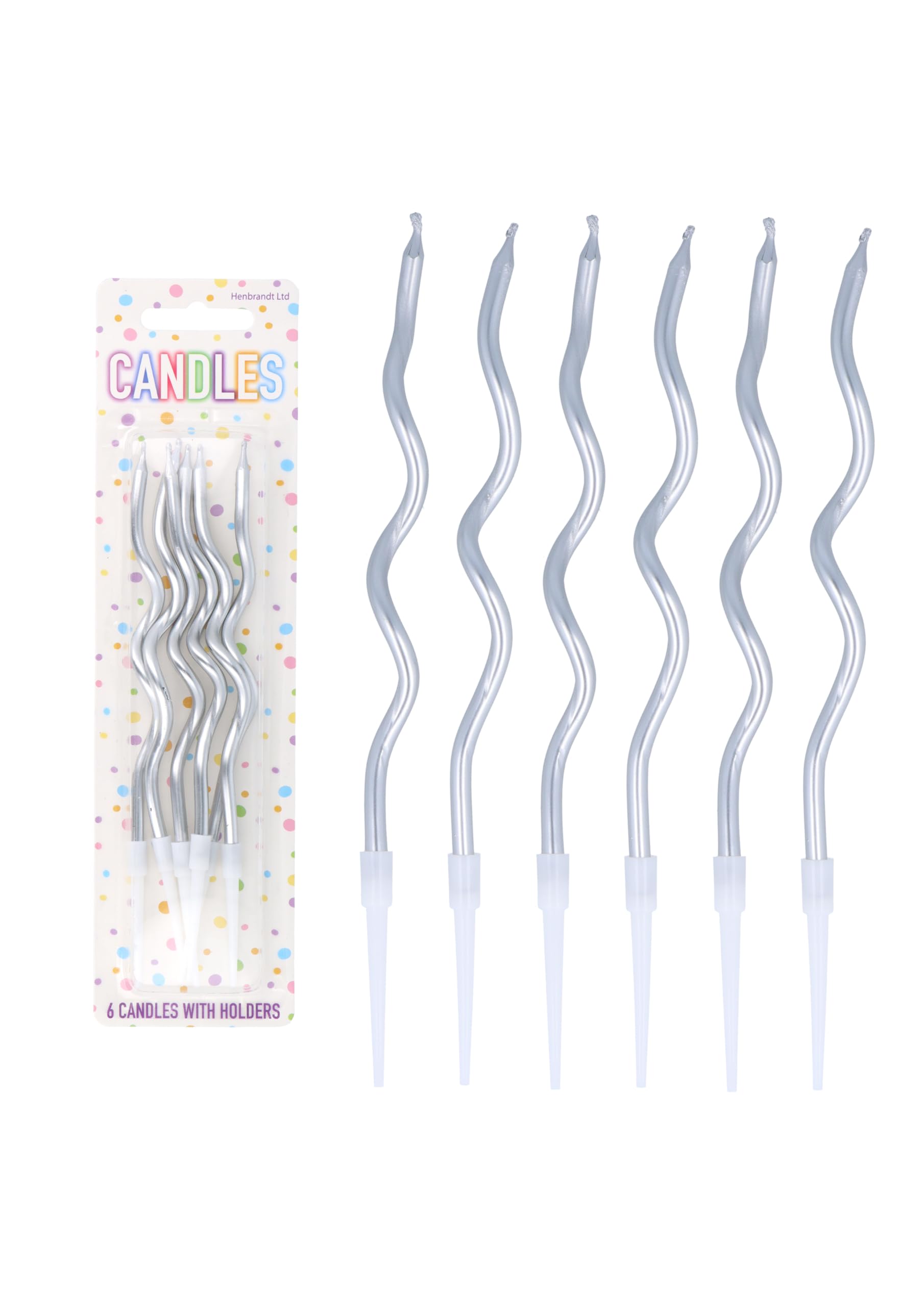 Henbrandt Pack of 6 Silver Wavy Party Candles with 6 Candle Holders, Metallic Silver 12cm Spiral Twist Tall Thin Celebration Candles for Birthday Cakes Baby Shower and Anniversary Decorations
