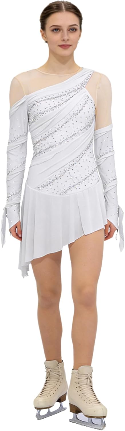 TiaoBug Women's Long Sleeve Figure Ice Skating Dress Shiny Rhinestone Ballet Skirted Leotard Dresses