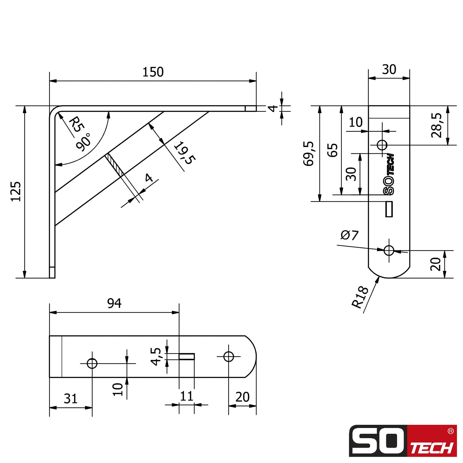 SOTECH 8er Set Regalkonsolen 150 x 125 x 30 mm schwarz pulverbeschichtet