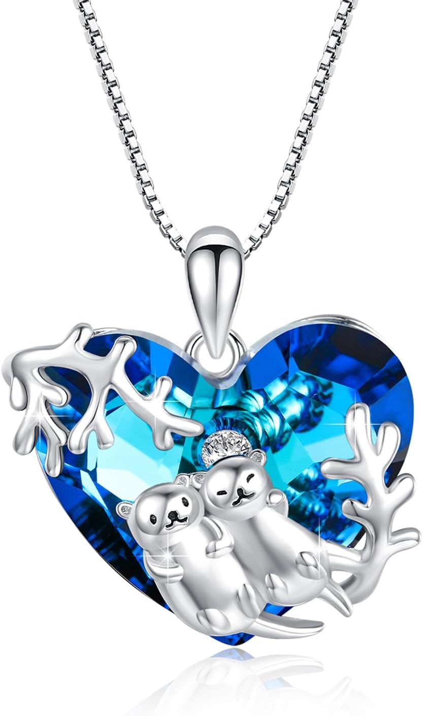 Ocean Necklace 925 Sterling Silver Axolotl/Dolphin/Otter/Manta Ray Crystal Pendant Ocean Jewelry Birthday Gifts for Women Mom