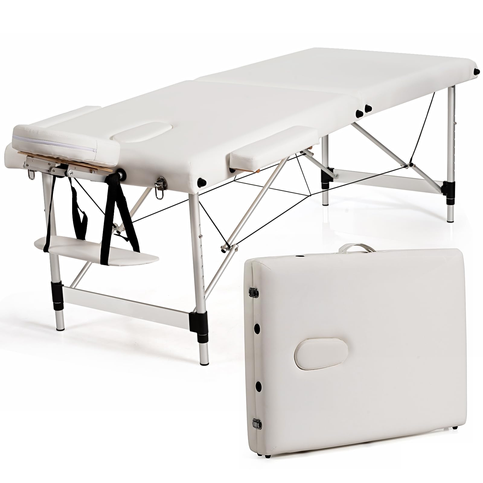 GOPLUS Massageliege, 2 Zonen Massagetisch aus Aluminium bis zu 250kg, Mobile Massagebank klappbar & höhenverstellbar, 70cm breit Massagebett mit Kopfstütze, Armlehnen & Tragetasche für Spa, Weiß