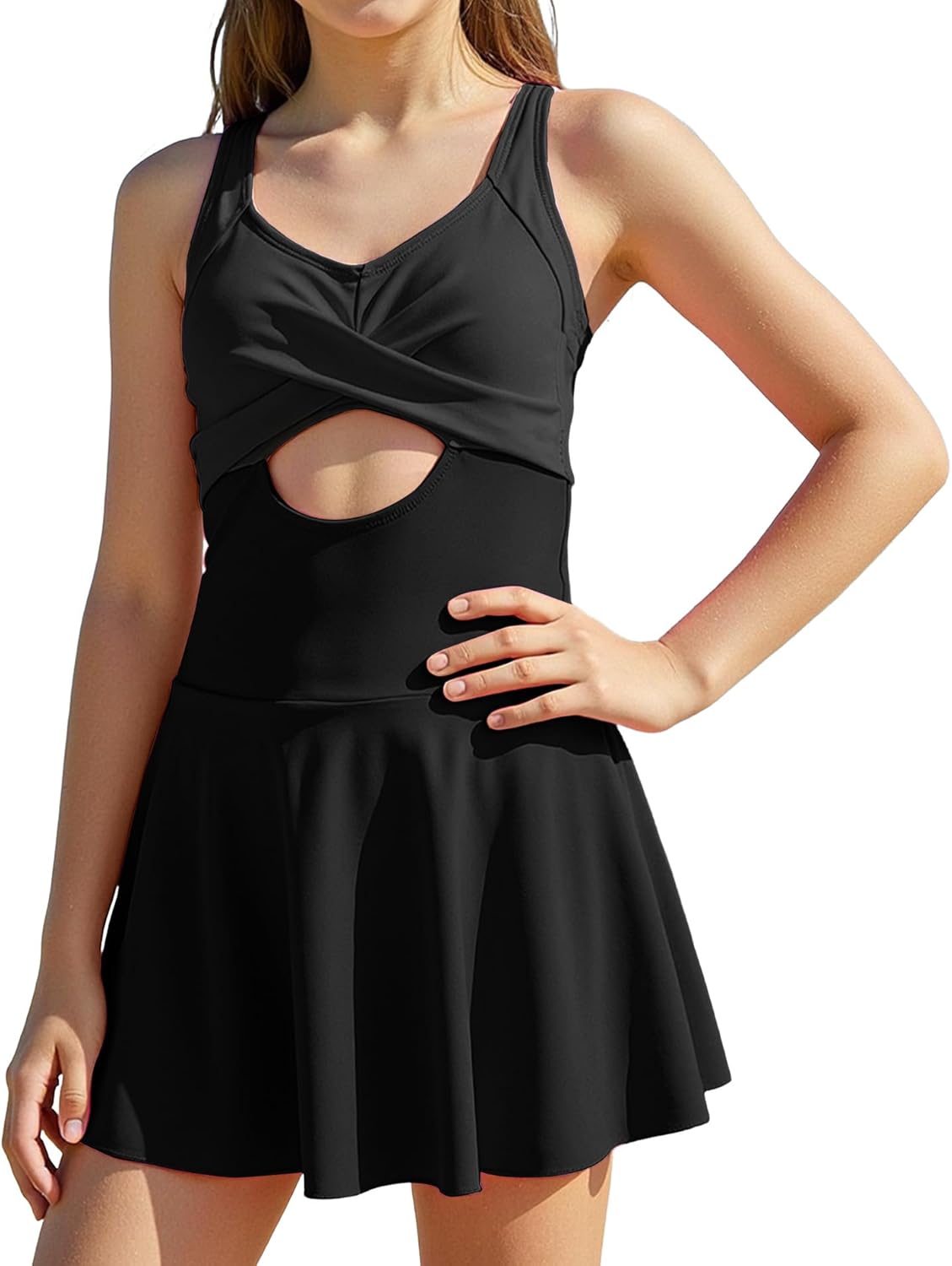 Girls One Piece Swimsuit Padded with Ruffle Skirt Girls Bathing Suit Girl Adjustable Straps Back Cutout Teen Swimwear