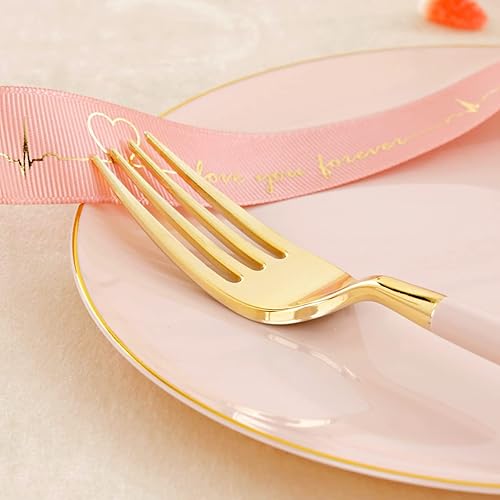 Miniatura 6 de I00000 72 platos de postre de plástico dorado rosa con 72 tenedores rosados desechables, platos de aperitivo rosa de alta calidad, platos de