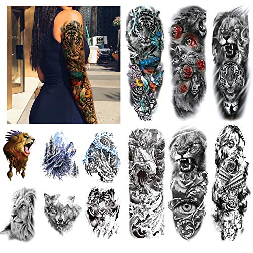 Kotbs 12 Sheets Full Arm Temporary Tattoo Dragon Tiger Waterproof Full Arm and Half Arm Sleeves Body Tattoo Stickers