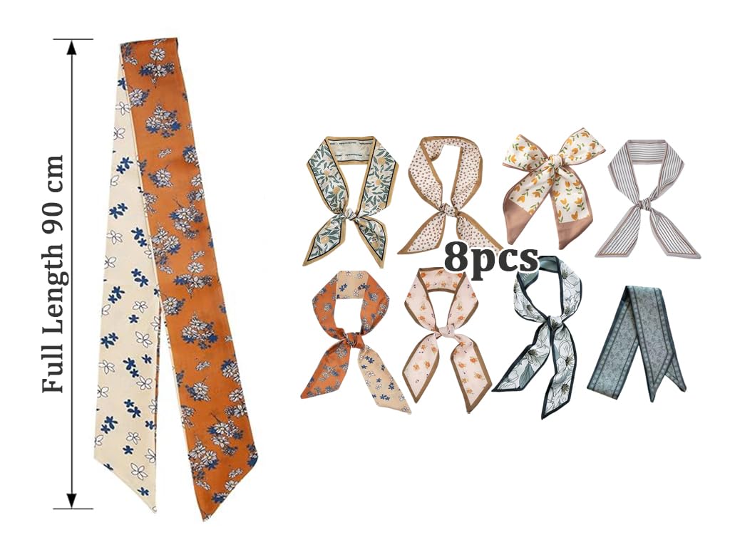 Foulard Capelli Donna in Raso Effetto Seta, 8 Pezzi Sciarpa Stretta Multiuso con Fantasie Floreali, Sciarpa a Nastro per Borsetta, Testa Collo Decorazione Copricapo Sciàrpa, per Borse, Capelli,