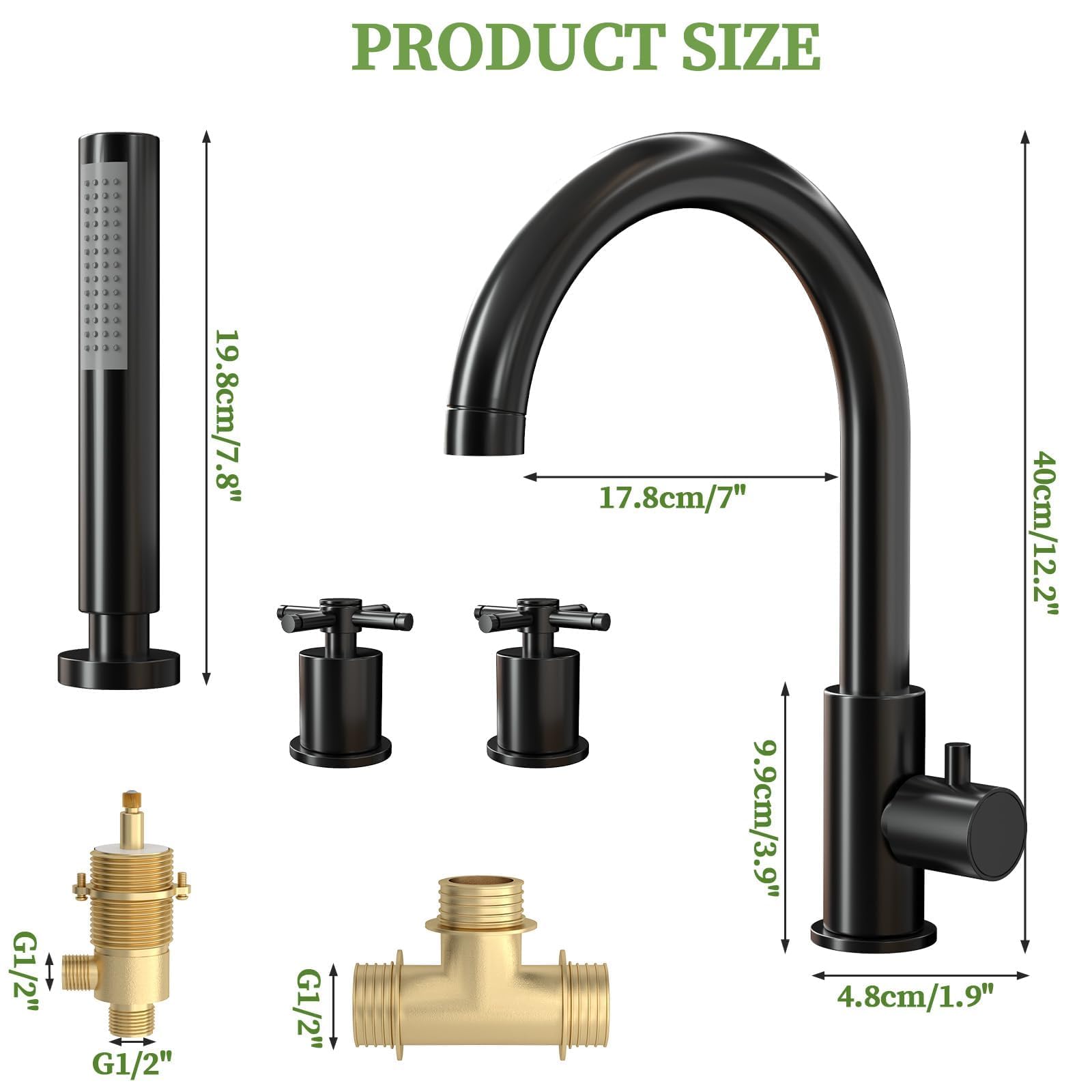 Brass Roman Tub Faucets with Hand Shower, Bathtub Faucet, 2 Cross Handles 4-Hole Bathtub Faucet, Deck Mount Bathroom Faucet, Matte Black - 3