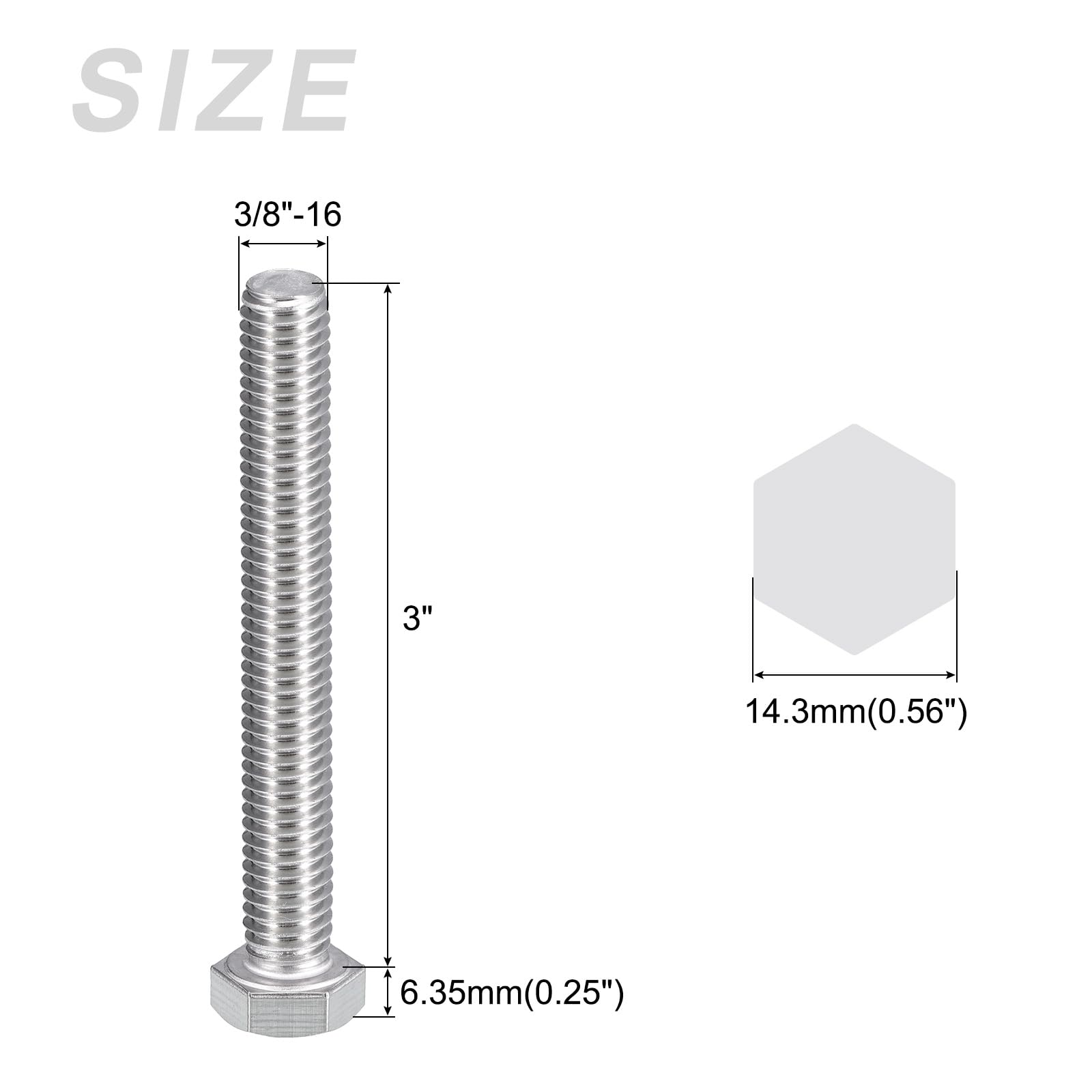 METALLIXITY Hex Head Bolts (3/8-16 x 3") 5Pcs, 304 Stainless Steel 18-8, Fully Threaded, External Hex Drive, Plain Finish - Image 2