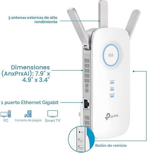 Miniatura 4 de TP-Link Extensor de alcance WiFi AC1900 RE550 Amplificador repetidor inalámbrico de doble banda con puerto Gigabit Ethernet Hasta 2200 pies